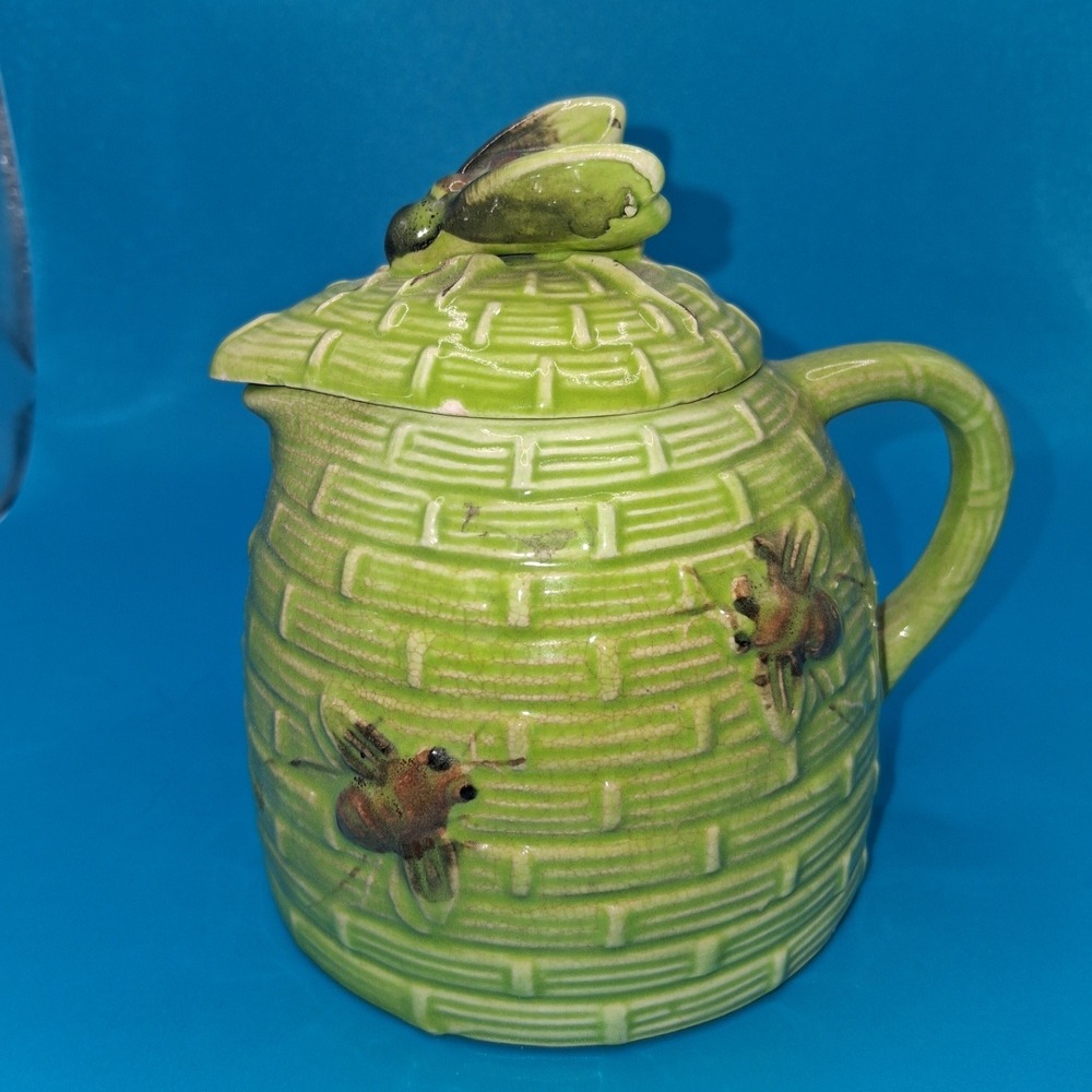 Vintage Green 3D Bee Creamer/Honey Pot Cottagecore Collectible Ceramic EUC